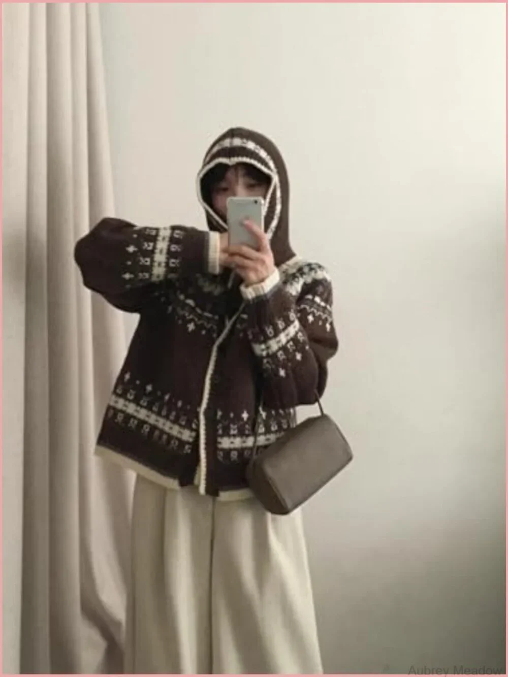 Color Block Knit Cardigan Sweater with Hood Snowflake Fair Isle Long Sleeve - Picture 2 of 7